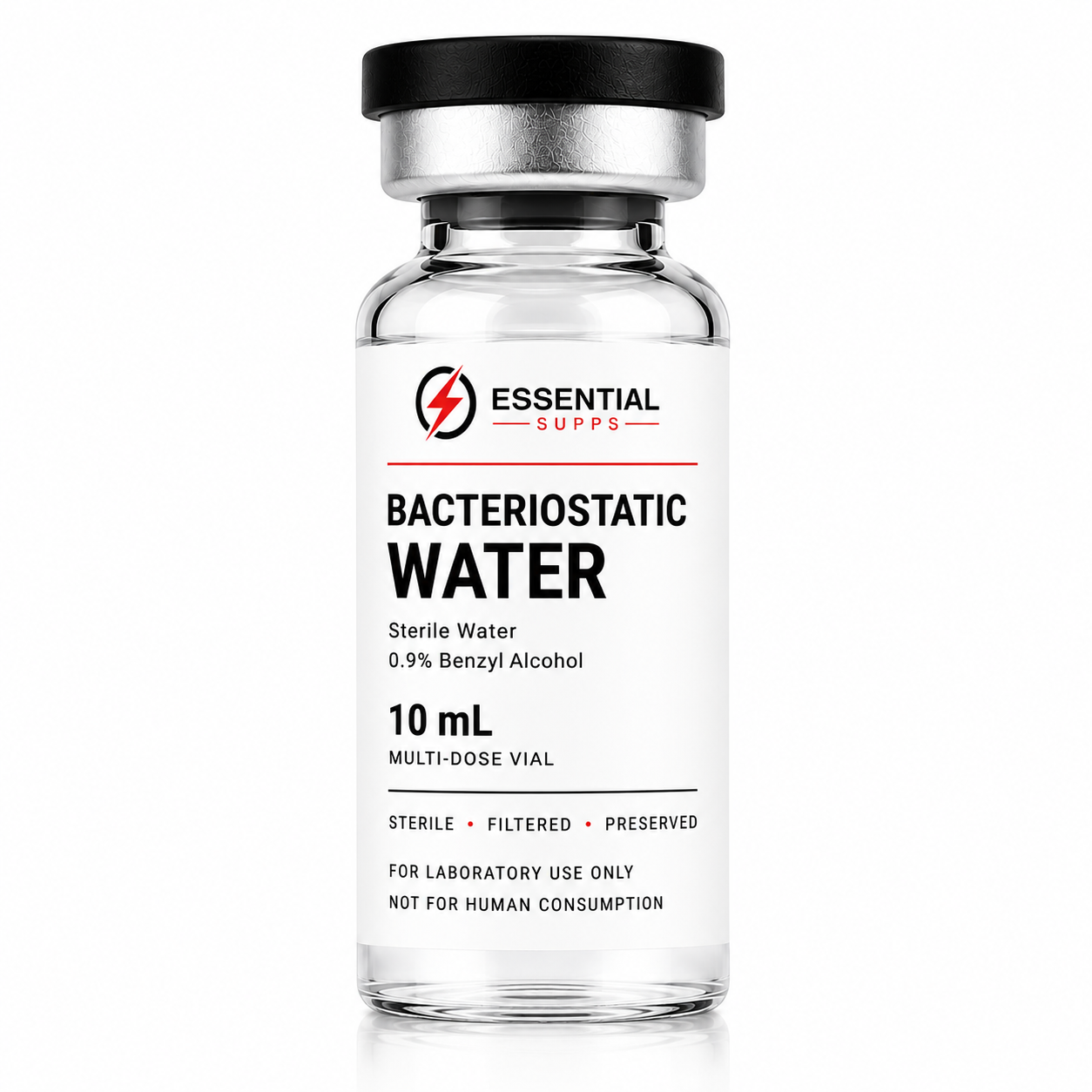 Bacteriostatic Water 10mL sterile multi-dose vial with 0.9% benzyl alcohol on white background