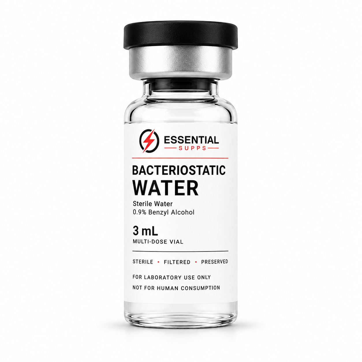 Bacteriostatic Water 3mL sterile multi-dose vial with 0.9% benzyl alcohol on white background