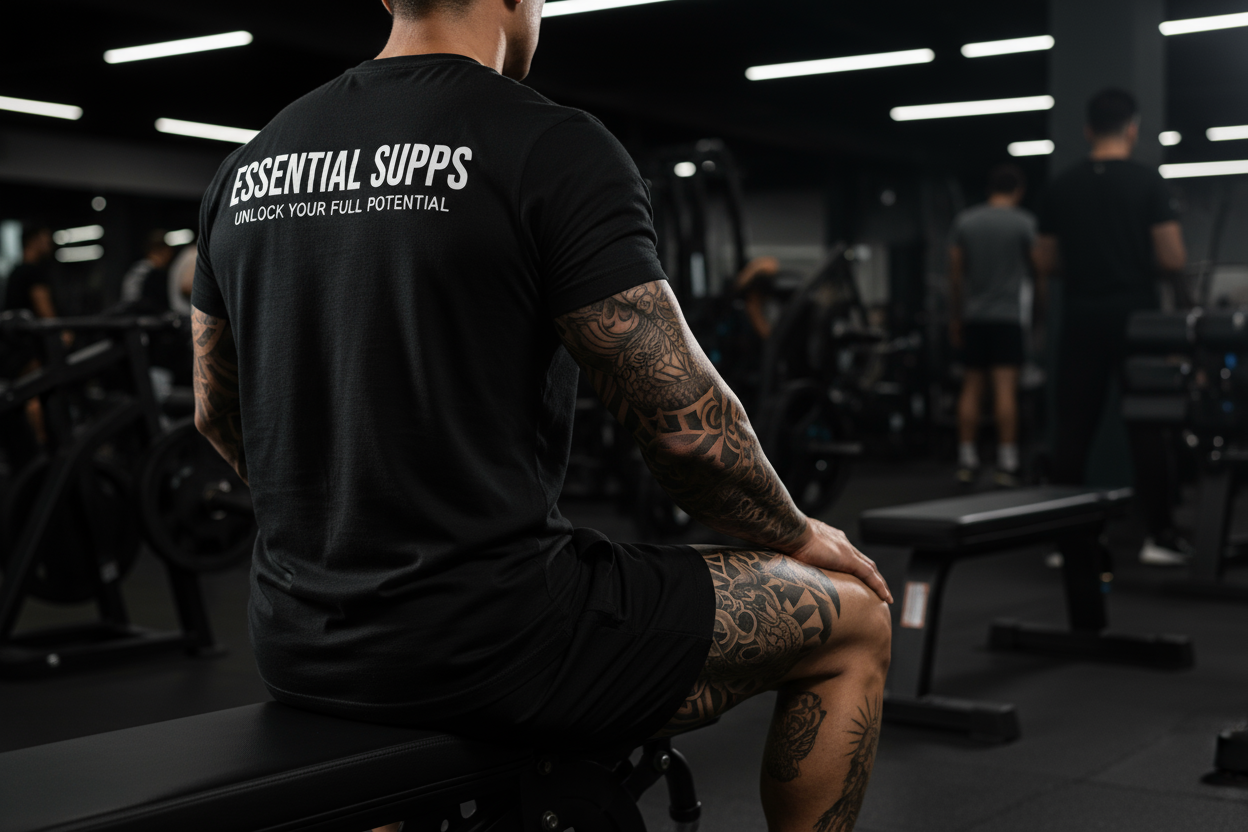 Low light image inside a gym. The gym will have black new equipment, people in the background. 
The main focal point of the image will be a man with his back to the camera sitting on a gym bench. This man has tanned skin and has a leg and arm sleeve, on the right arm and right leg. The main focus of the image is the black t shirt, it needs to say Essential Supps (bigger font) Unlock your full potential (Smaller but same font) underneath